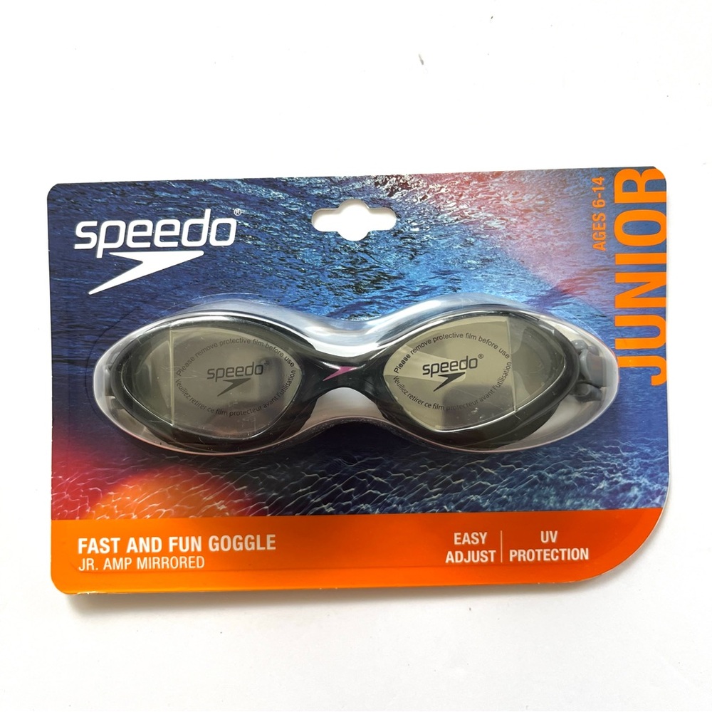 Speeedo Jr. Amp Mirrored, Easy Adjust, Anti Fog Swim Goggles Age 6-14 Black Gray